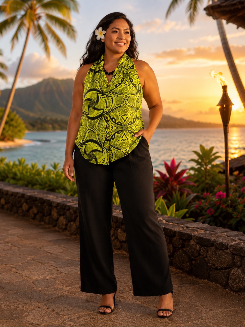 Manuhealii Lime Green & Black Sleeveless Halter Top